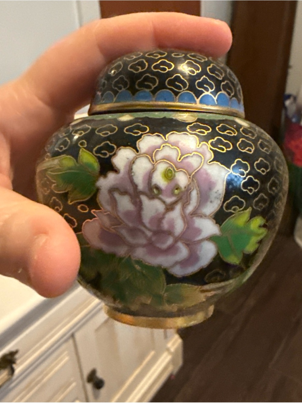 Vintage Cloisonne Enamel and Bronze 3.5" Black Flat Top Ginger Jar